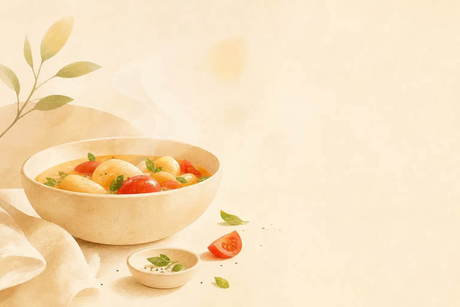 A bright warm-cream composition of a finished home-cooked dish, abstract and appetizing
