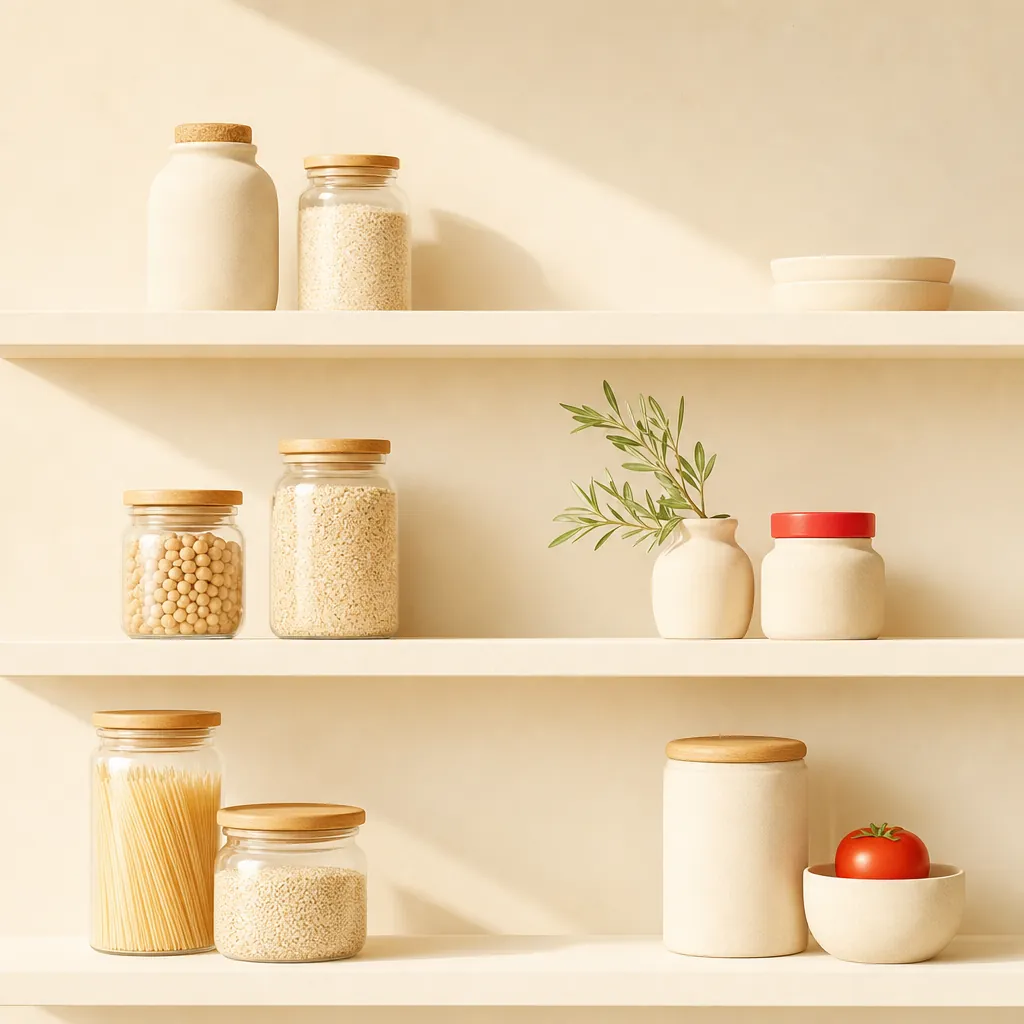 A warm cream composition of fresh ingredients laid out on a kitchen counter