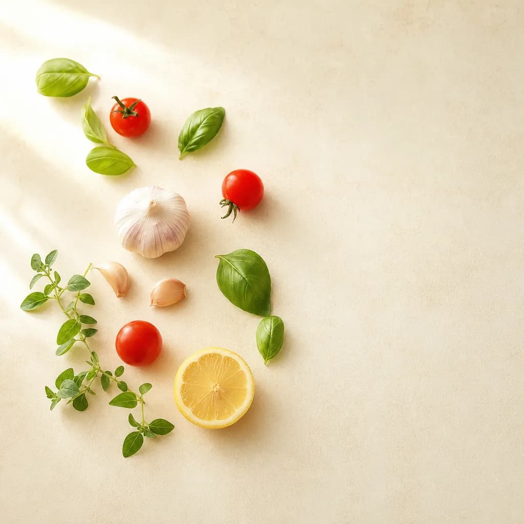 A bright warm-cream composition of fresh ingredients laid out on a counter