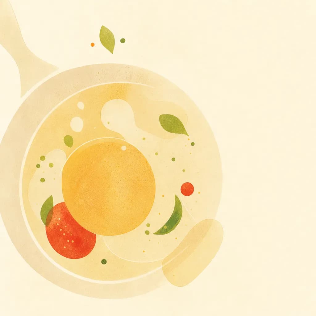 A bright warm-cream composition of a pan on a stove with soft tomato tones