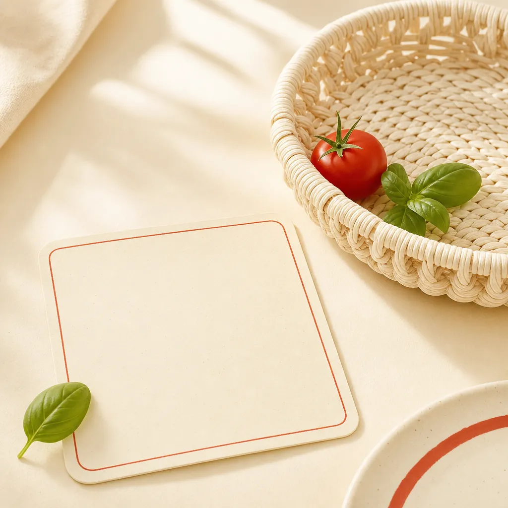 A bright warm-cream composition of a recipe card beside a small shopping basket